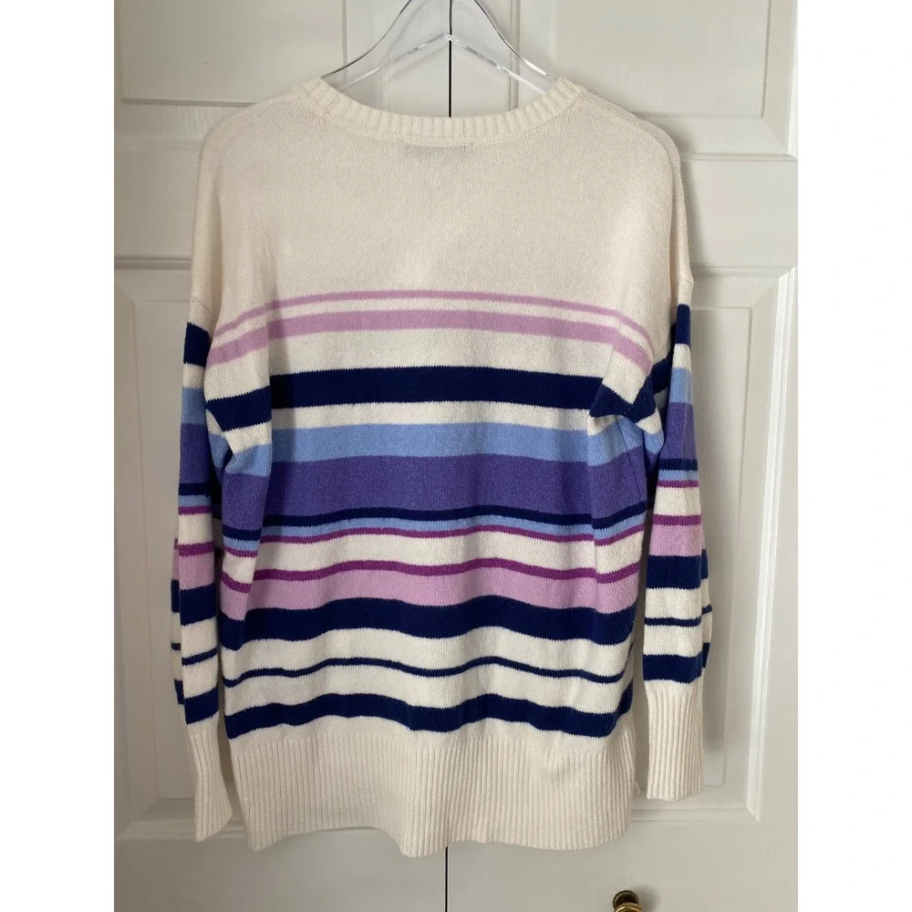LOFT Womens Striped Crew Neck Sweater White Purple Blue Knit Pullover Size M NEW